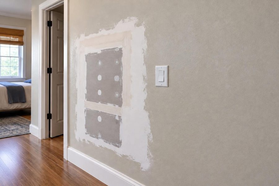 Hallway wall with a raw drywall patch